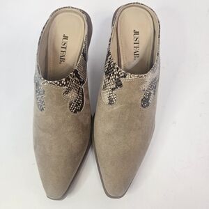 JUST FAB WOMENS MULES POINTED TOE SLIP ON W/ HEEL  SNAKESKIN ACCENT WESTERN SZ 8